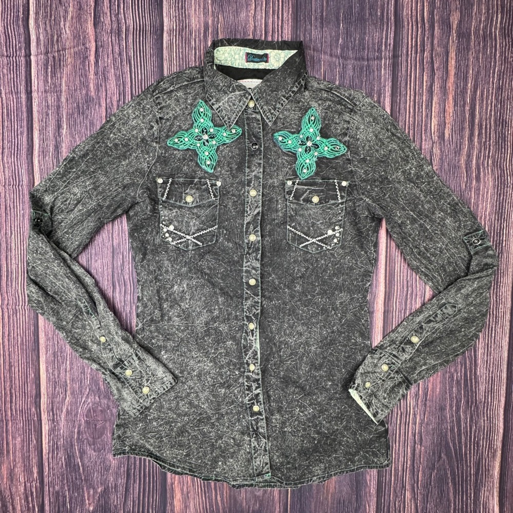 Roar Western Shirt Acid Wash Embroidered Cross Rhinestone Rockabilly